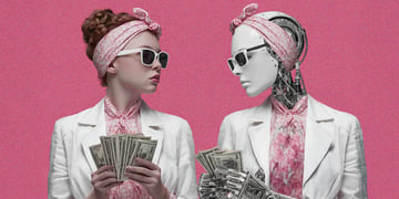 pink background, woman in white jacket, ginger hair, a bot with the same outfit