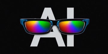 white AI letters, rainbow mirror glasses in front, black frame
