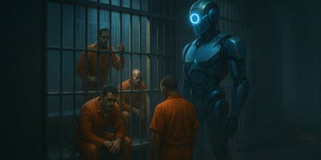 found inmates in a cell in orange jumpsuit, a dark grey robot