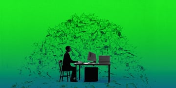 Man sitting at the computer with money pouring in the backround; AI talent race