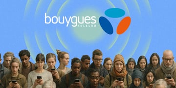 bouygues logo, sunshine yellow rays, people holding phones, baby blue sky