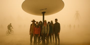 Festival goers standing underneath a starlink satellite, as protection from a dust storm.