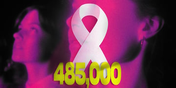 cancer white bow, two women's faces in pink light, yellow sign 458.000