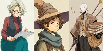 Anime style of various chatbots including a workaholic girlfriend, young wizard and librarian.