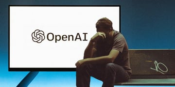 openAI logo, sad man, mental distress, brown bench, white screen