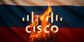 cisco logo burning fire russia flag
