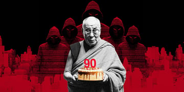 old bold man in black and white, birthday cake, 90 red candles, five hooded man behind