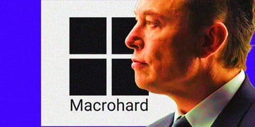 Elon Musk next to the Microhard logo, similar to Windows of Microsoft.