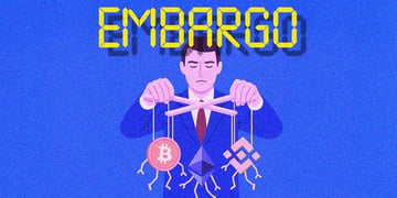 yellow embargo sig, man in blue suit, holding bitcoin on string, red tie