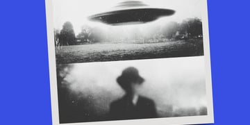 A split screen polaroid showing a flying saucer and a blurred schoolchild wearing a hat.
