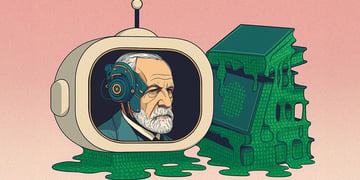 freud in round sand color tv with antena, green leaking books with numbers, pink background