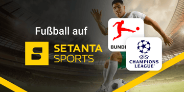 Logo von Setanta Sports, Bundesliga und Champions League mit Fußballspieler im Hintergrund