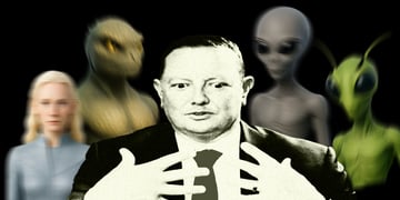 Congressman Eric Burlison in black and white, surrounded by four species of aliens.