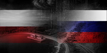 hydropowerplant, russian nad polish flags, white numbers, smoky background, black clounds