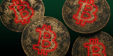 four bitcoins inked and dirty, red outlines, green background