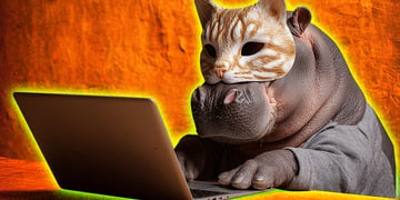 grey hippo, grey laptop, prange textured wall, ginger and white cat face mask