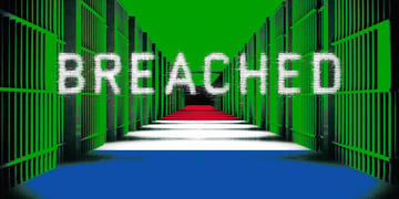green jail bars, green ceiling, dutch flag as the floor, white sign BREACHED