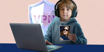kid wearing a grey jumper, pik vpn shield, laptop, norman reedus picture, grey laptop