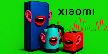 dark blue fridge, baby blue kettle, red toaster - all with ears and lips, voice wave, xiaomi