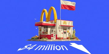 mcdonalds restaurant building, polish flag, blue background, 4 million white sign