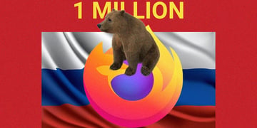 brown bear sits on a blue ball, orange fox, russian flag, red background, yellow letters