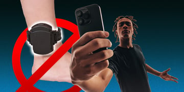 A suspect taking a selfie and a banned sign over an ankle monitor.