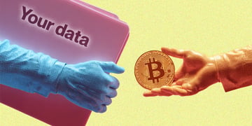hands giving away bitcoin folder with personal data crypto data theft