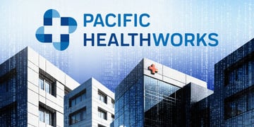 white tiled hospital buildings, red cross, blue sky, raining white numbers, pacific health works
