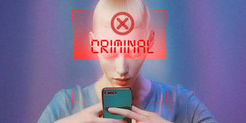 blonde person looking at a phone, red laser square on forehead, criminal and red X