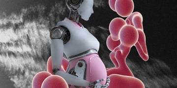 A pregnant robot with a black and white xray background.