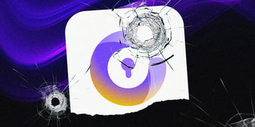 proton logo with broken transparent glass, dark purple and black
