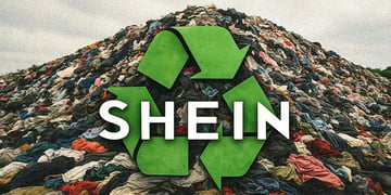 shein logo, three green arrows going around, a big pile of clothes, grey sky