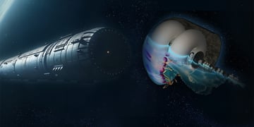 grey space ship, half medusa, half spaceship, moonlight