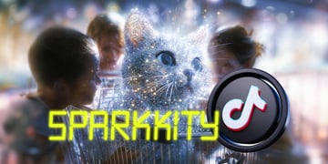 sparkling silver cat, tik tok logo, shopping cart,