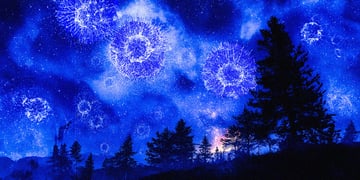 starry blue night sky, dark forest, firns, white cancer cells
