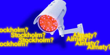 white surveillance camera, red glass, blue background, Stockholm, Almaty