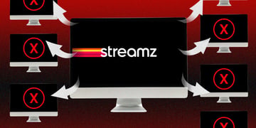Streams logo on black computer screen, white arrows to six other monitors