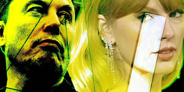 A split screen image of Elon Musk and Taylor Swift in golden color, with the letters "AI"