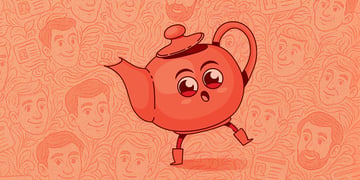 orangy pink teapot wearing orange shoes, with red eyes, men pictures and ID in the background