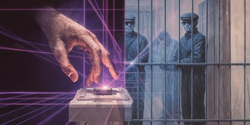 3 blue and grey people behind grey bars, purple laser, white hand reaching for chip