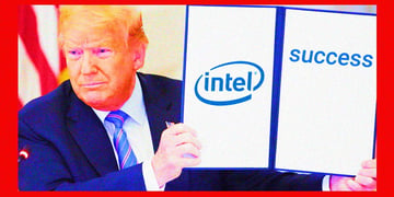 donald trump, blond hair, blue suit, red frame, intel logo