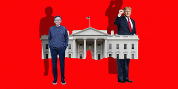trump, white house, lip bu tan red background, US flag, shadows