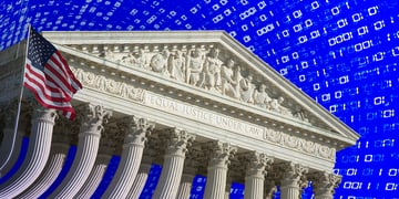 white us federal judiciary building, blue sky with white numbers, white sculptures