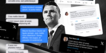 A black and white image of Charlie Kirk with blurred social media posts around him.
