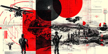 The Chinese miliary, painted on a canvas, surrounded by war equipment and civilian AI.