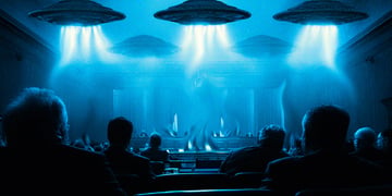 UFO's beaming down light during a congressional hearing.