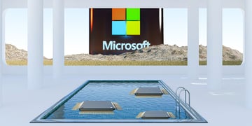 AI chips floating on water in an indoor pool, microsoft logo, white pillars
