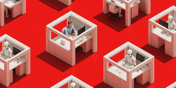 white office cubicles, white bots, one human is white shirt, red carpet