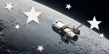 NASA's Artemis II circling the moon, with cartoon stars floating nearby.