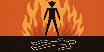 A burning man effigy standing over a murder silhouette.